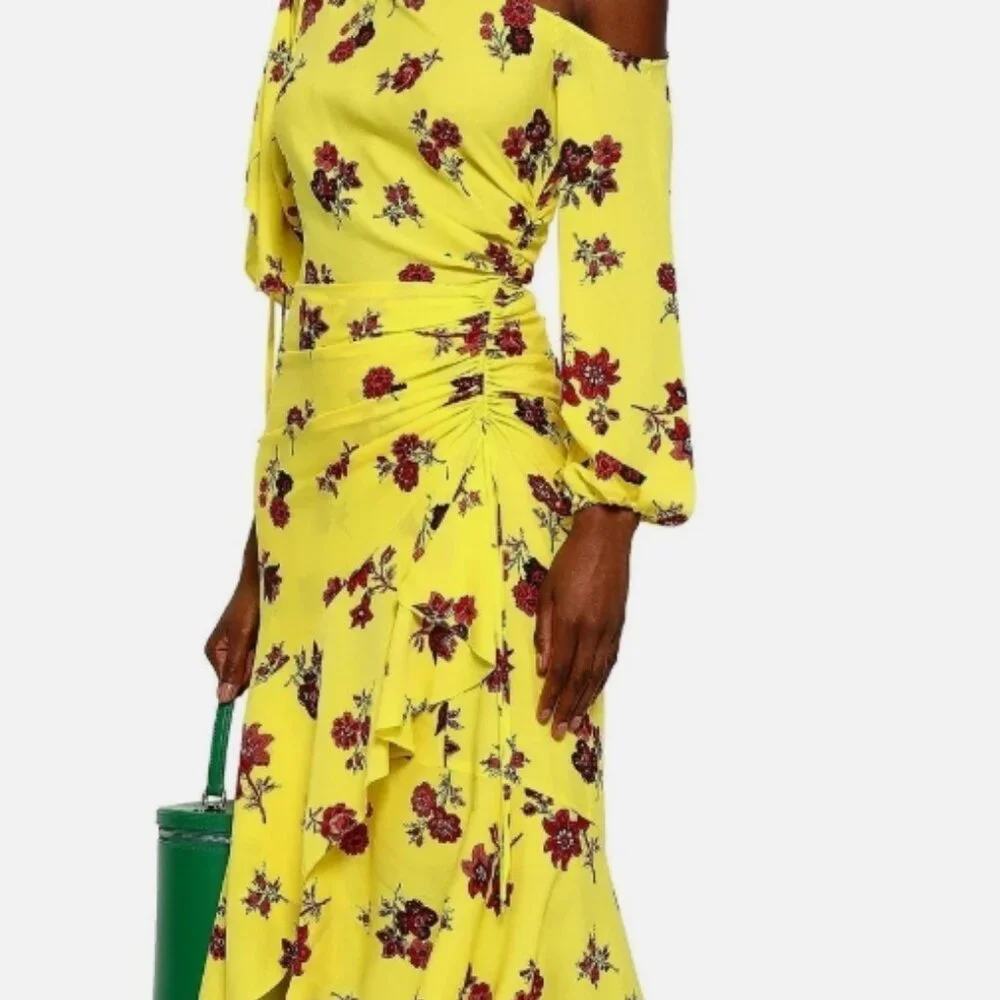 A.L.C Silk Florence Floral Ruffles Asymmetrical Midi Dress Linsey Yellow XS $675